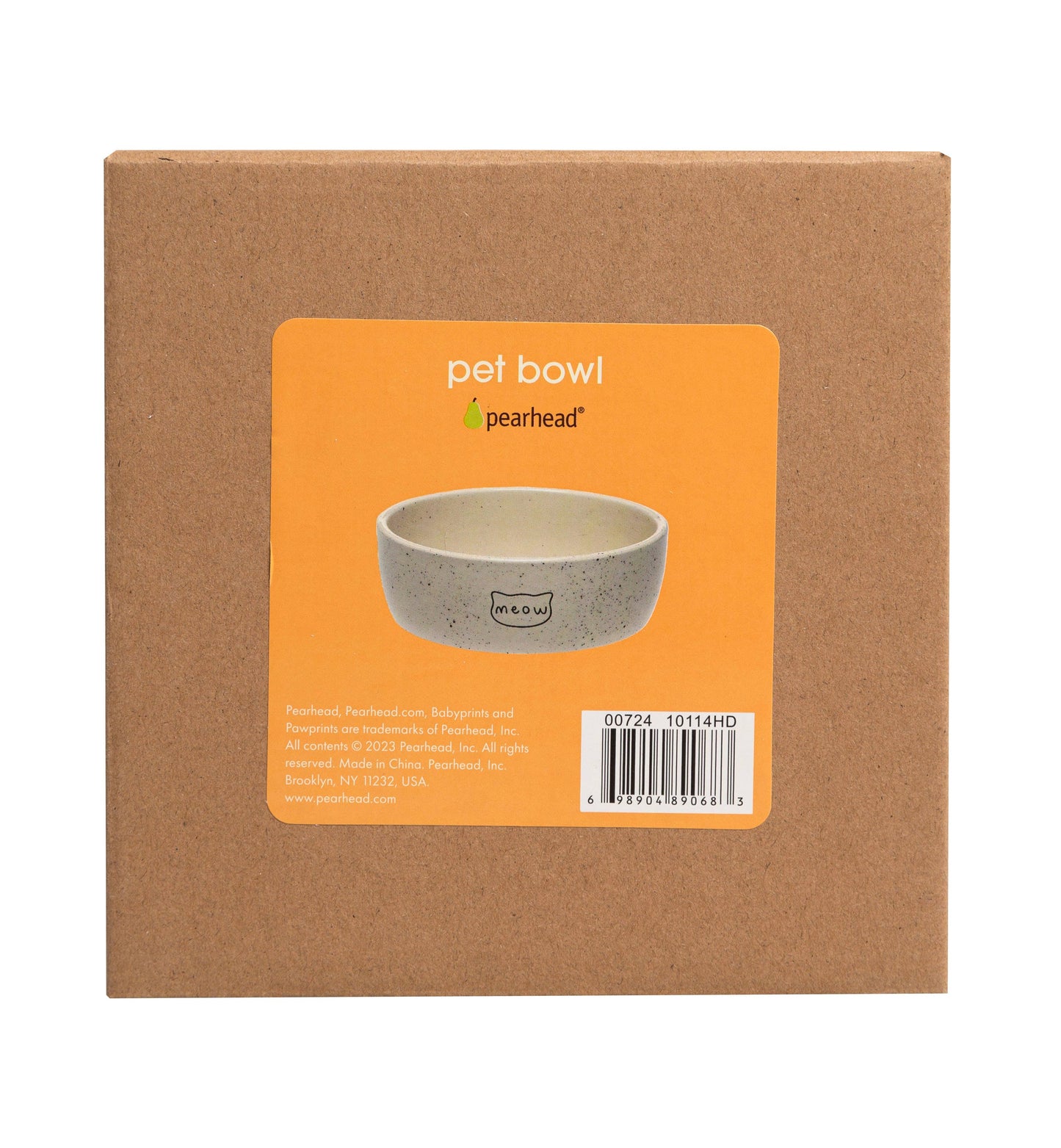 Pet bowl packaging with orange label on a brown box