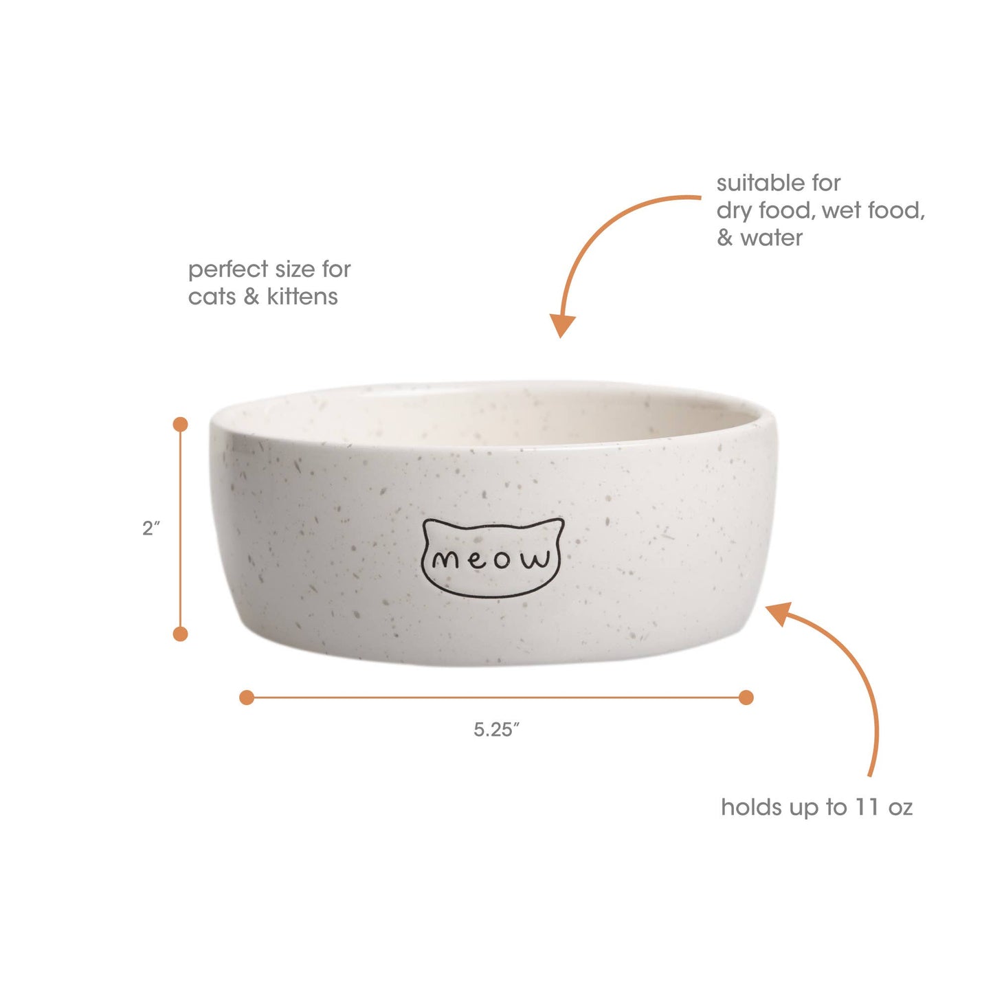 White ceramic cat bowl with 'meow' print, shown with measurements on a white background.