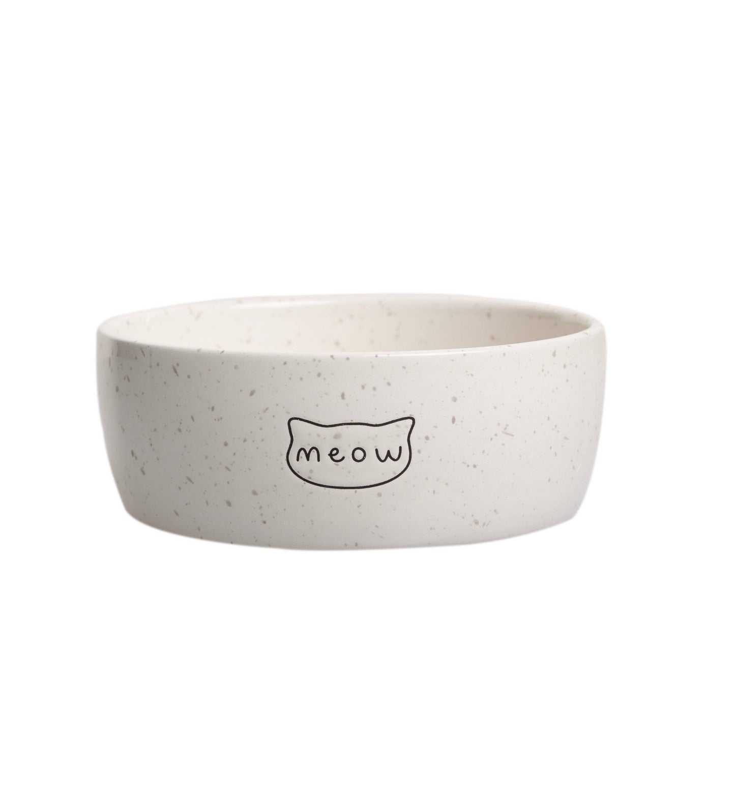 Speckled gray bowl with 'meow' print on a white background