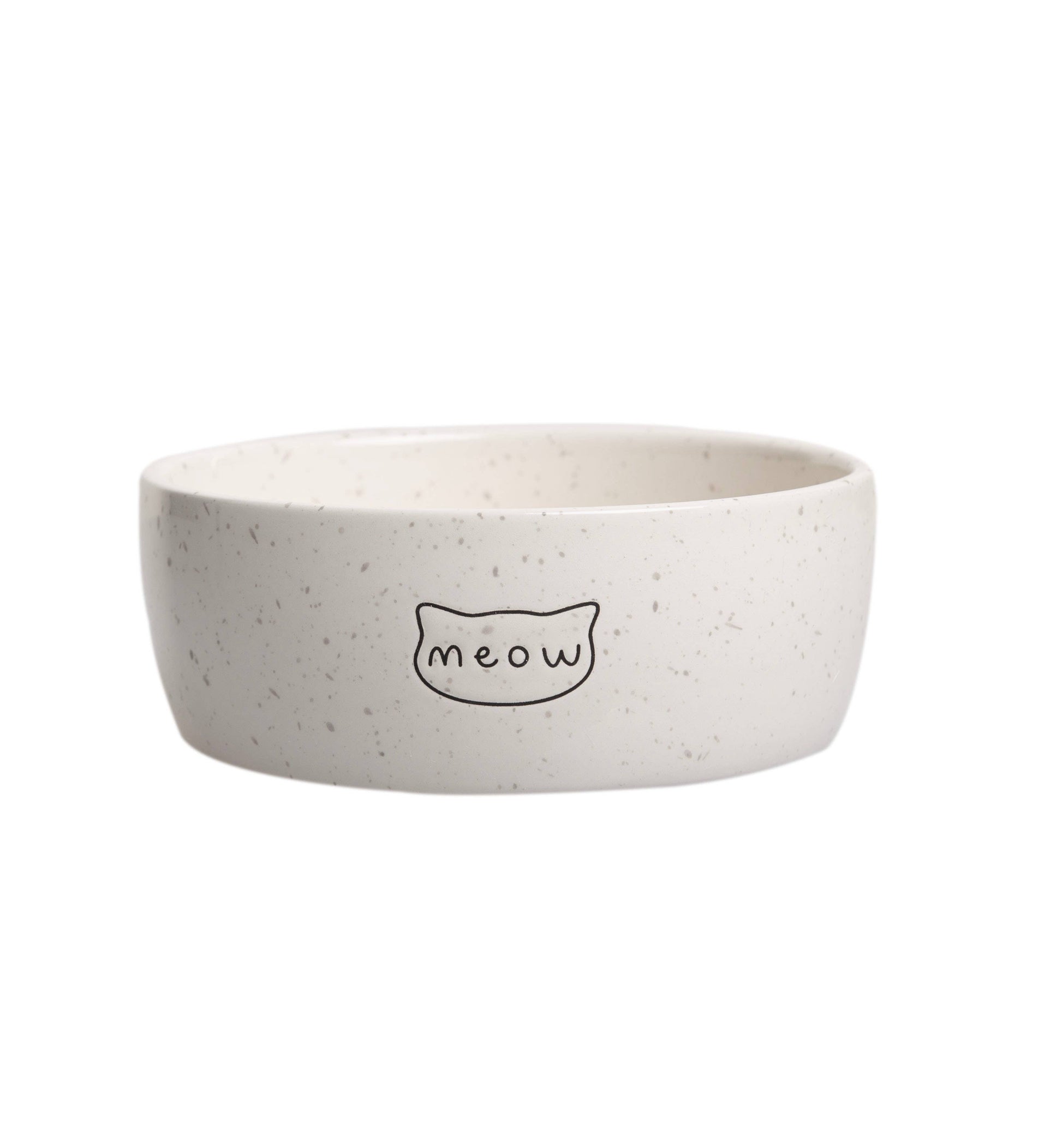 Speckled gray bowl with 'meow' print on a white background